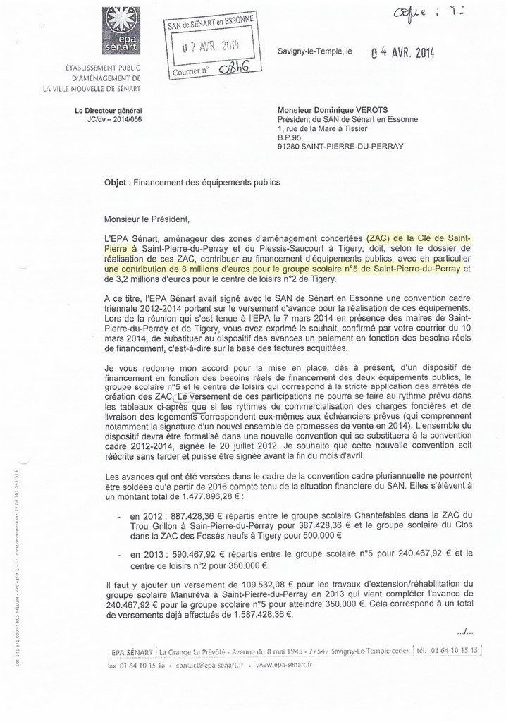 Catherine Aliquot-Vialat St Pierre du Perrya - Courrier EPA Senart a M. Verots le 04 avril 2014