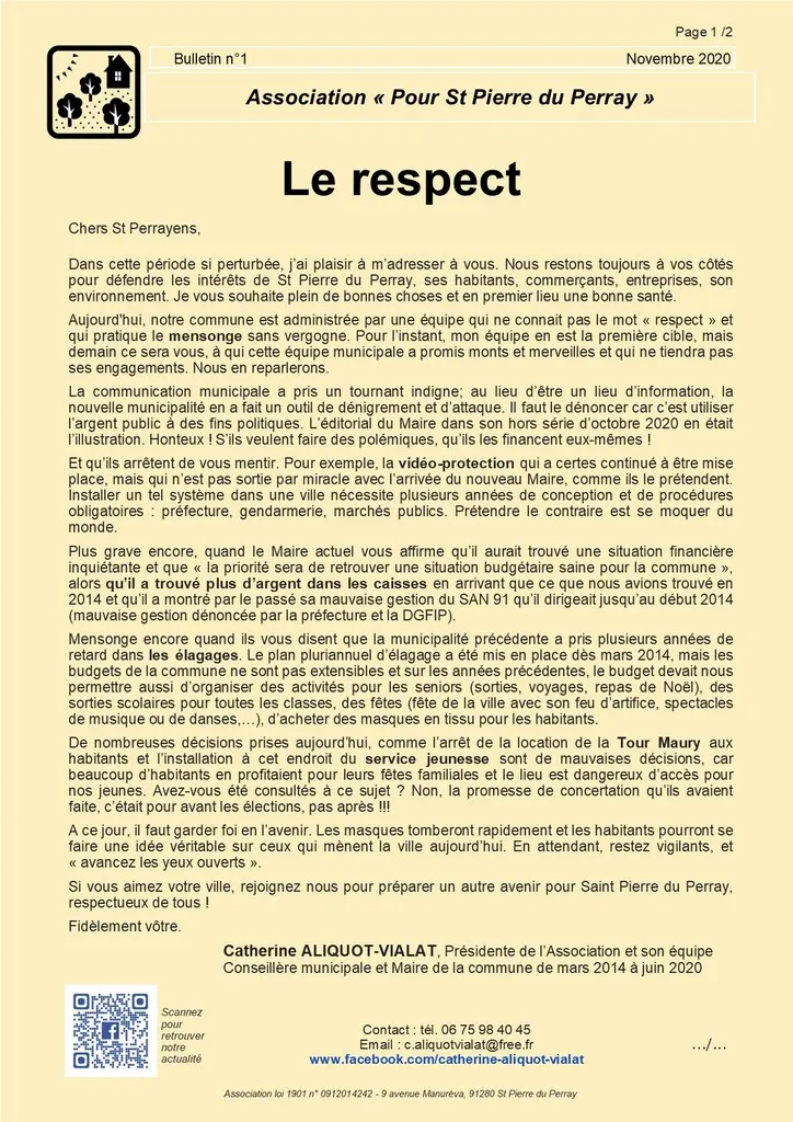 Bulletin 01 - Le respect (page 1) Catherine Aliquot -Vialat Dominique Verots St Pierre du Perray Bulletin 01 Le respect (page 1)