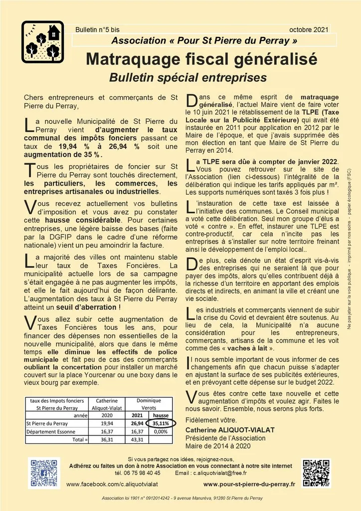Bulletin 05 bis - Bulletin spécial entreprises Catherine Aliquot-Vialat Dominique Verots St Pierre du Perray Bulletin 05 bis matraquage fiscal généralisé Bulletin spécial entreprises