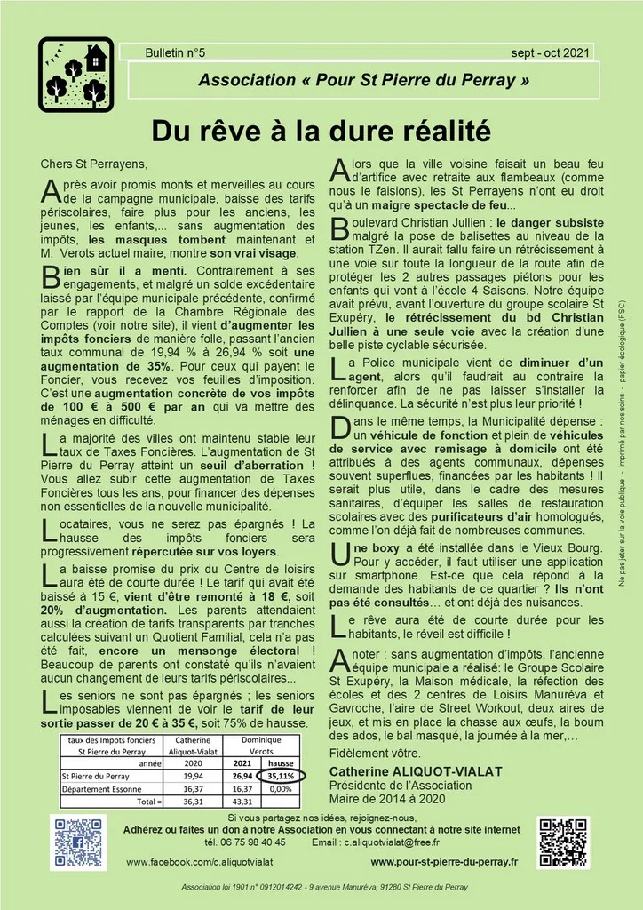 Bulletin 05 - du rêve à la dure réalité Catherine Aliquot-Vialat Dominique Verots St Pierre du Perray Bulletin 04 un assassinat fiscal par M. verots