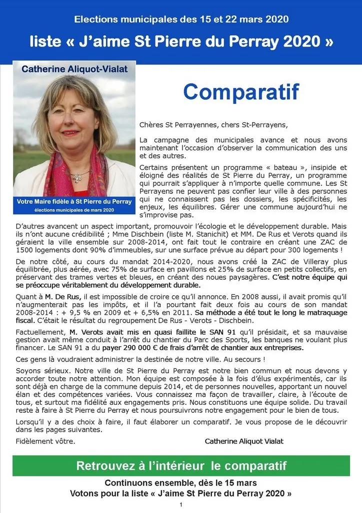 Comparatif Catherine Aliquot-Vialat - comparatif entre les listes - St Pierre du Perray - élections municipales 2020