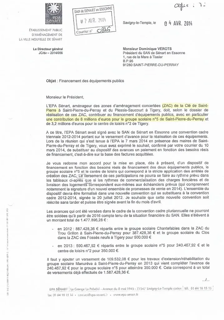 Bulletin 09 - Courrier EPA à M. Verots Catherine Aliquot-Vialat St Pierre du Perrya - Courrier EPA Senart a M. Verots le 04 avril 2014