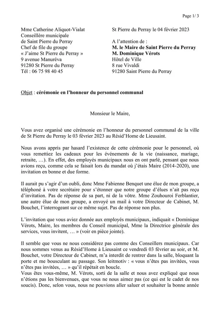 Lettre à M. Verots concernant la cérémonie des voeux au personnel communal du 03 février 2023_page 1 Catherine Aliquot-Vialat Dominique Verots St Pierre du Perray Bulletin 09 - l'Ecole 4 Saisons assassinée (page_1)