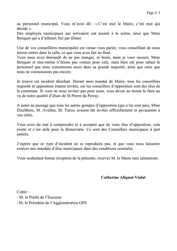 Lettre à M. Verots concernant la cérémonie des voeux au personnel communal du 03 février 2023_page 2 Catherine Aliquot-Vialat Dominique Verots St Pierre du Perray Bulletin 09 - l'Ecole 4 Saisons assassinée (page_1)