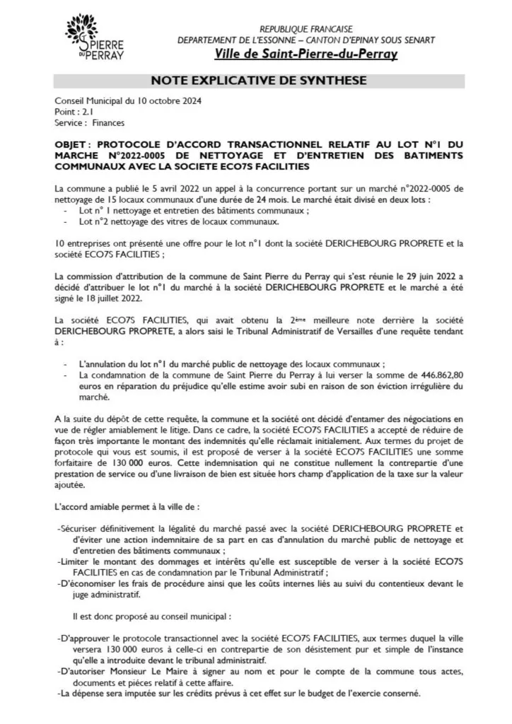 Délibération Accord transactionnel avec la sté ECO7S - page 1 Délibération Accord transactionnel avec la sté ECO7S - Catherine Aliquot-Vialat Dominique Verots St Pierre du Perray