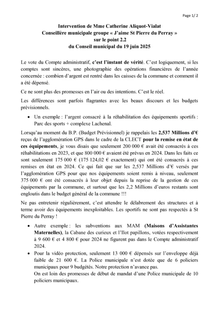 Intervention de Catherine Aliquot-Vialat sur le BP 2025 de St Pierre du Perray - page 01 Intervention de Catherine Aliquot-Vialat sur le BP 2025 de St Pierre du Perray - page 01