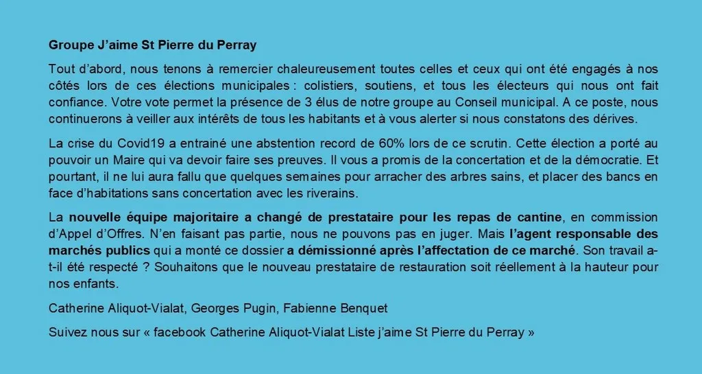 Tribune d'expression libre septembre 2020 Catherine Aliquot-Vialat Dominique Verots groupe j'aime st pierre du perray septembre 2020