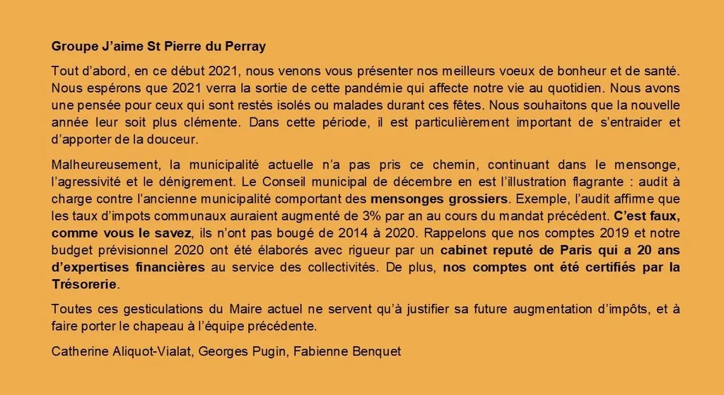 Tribune d'expression libre janvier 2021 Catherine Aliquot-Vialat Dominique Verots groupe j'aime st pierre du perray janvier 2021