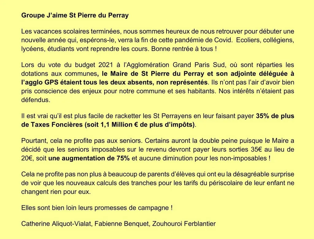 Tribune d'expression libre sept 2021 Catherine Aliquot-Vialat Dominique Verots groupe j'aime st pierre du perray sept 2021