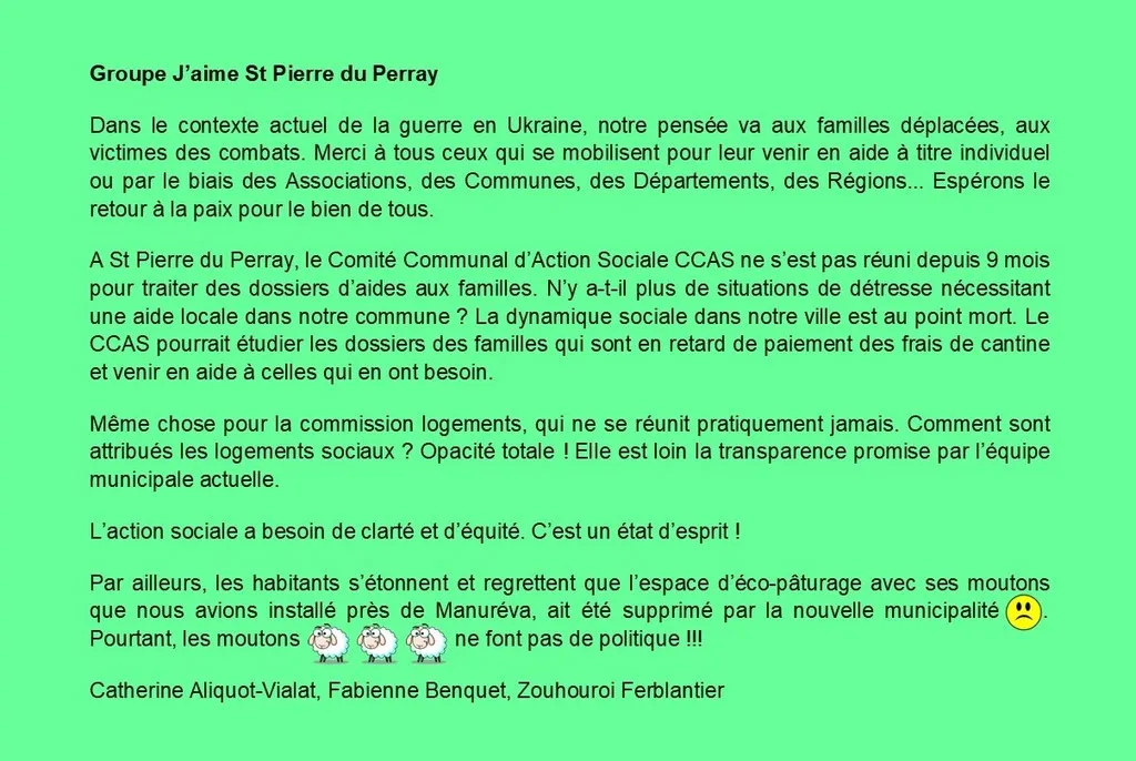 Tribune d'expression libre avril 2022 Catherine Aliquot-Vialat Dominique Verots groupe j'aime st pierre du perray avril 2022