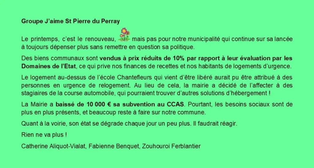 Tribune d'expression libre avril 2024 Catherine Aliquot-Vialat Dominique Verots groupe j'aime st pierre du perray avril 2024