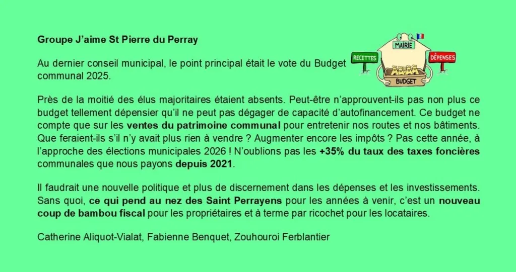 Tribune d'expression libre avril 2025 Catherine Aliquot-Vialat Dominique Verots groupe j'aime st pierre du perray avril 2025