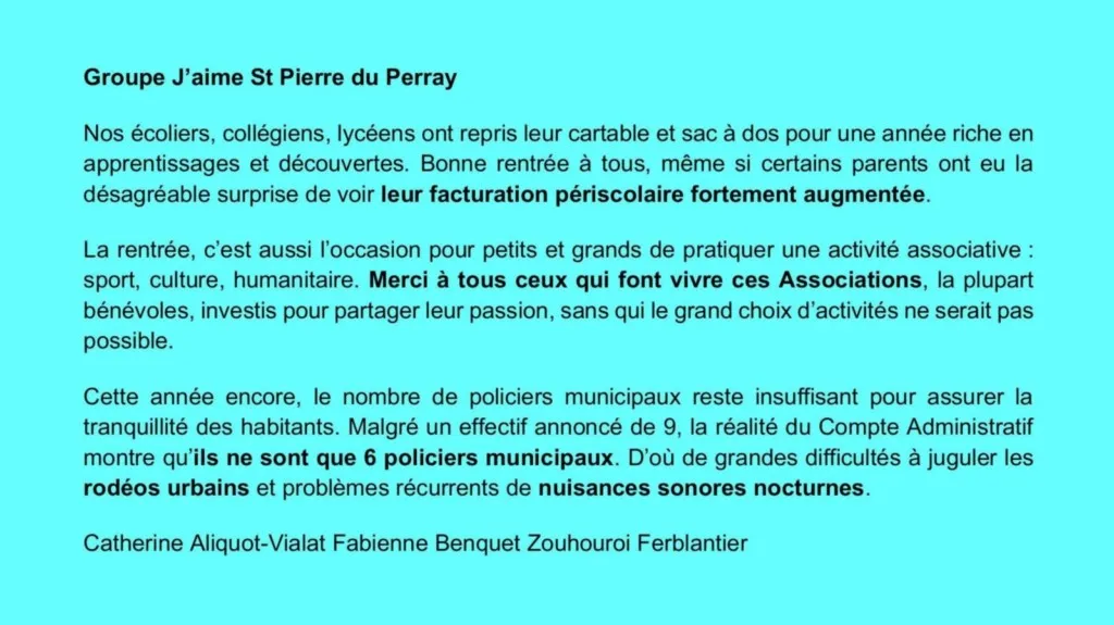 Tribune d'expression libre sept 2025 Catherine Aliquot-Vialat Dominique Verots groupe j'aime st pierre du perray jjuin 2025