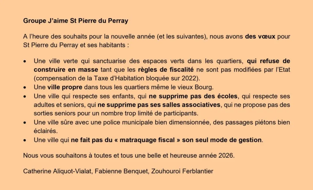 Tribune d'expression libre janvier 2026 Catherine Aliquot-Vialat Dominique Verots groupe j'aime st pierre du perray janvier 2026