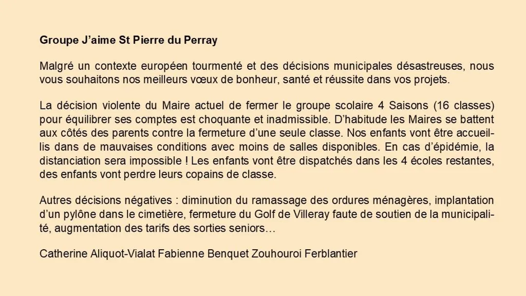 Tribune d'expression libre janvier 2023 Catherine Aliquot-Vialat Dominique Verots groupe j'aime st pierre du perray janvier 2023