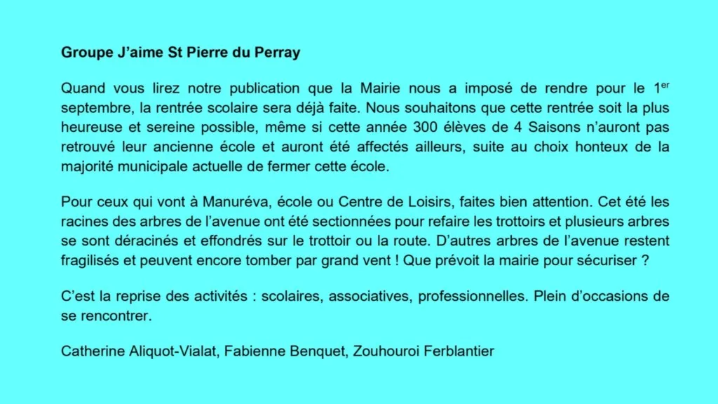 Tribune d'expression libre septembre 2023 Catherine Aliquot-Vialat Dominique Verots groupe j'aime st pierre du perray septembre 2023